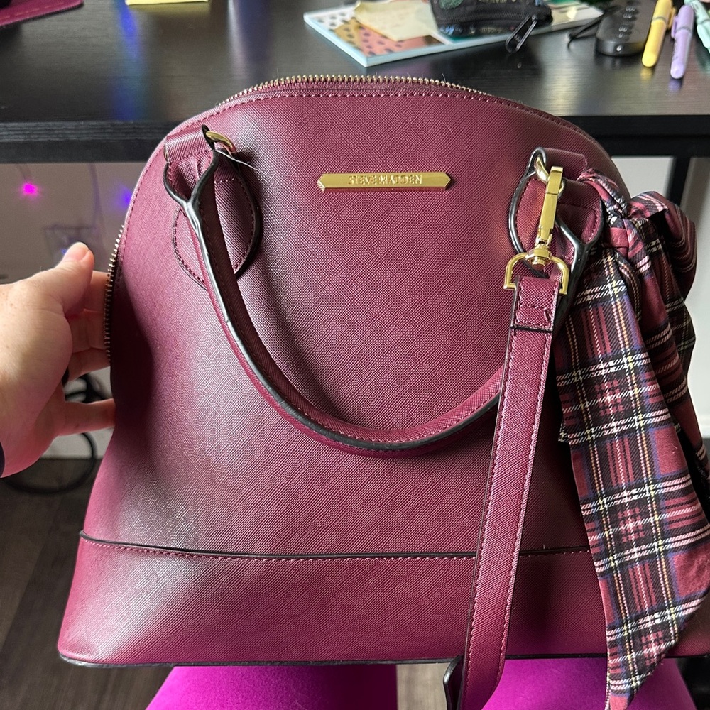 Steve Madden Wine Red Satchel with Plaid Accent